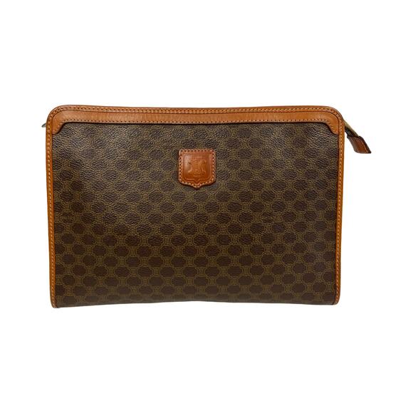 Vintage Celine Macadam Coated Canvas Clutch Pouch Made In Italy Tan Leather Trim - Picture 1 of 14
